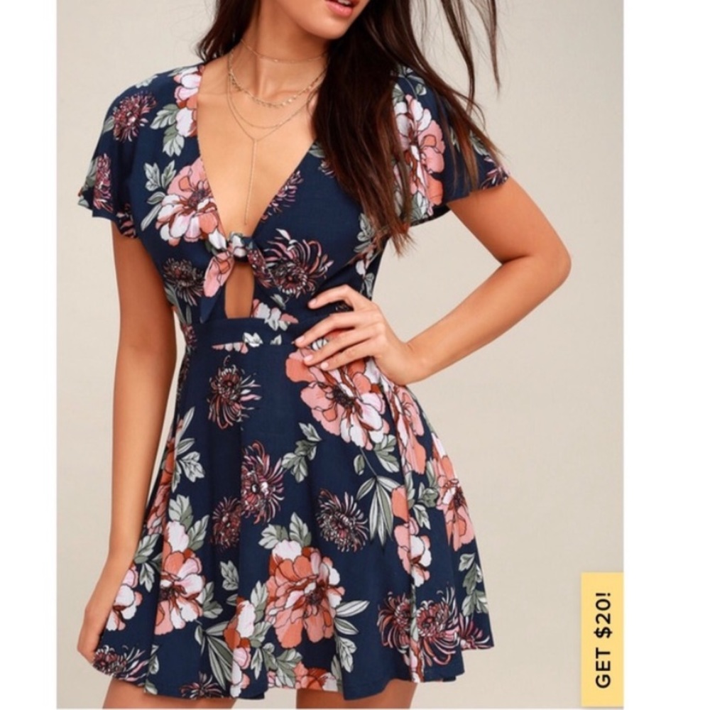 Lulu’s | Botanic of Time Navy Tie Front Mini Dress